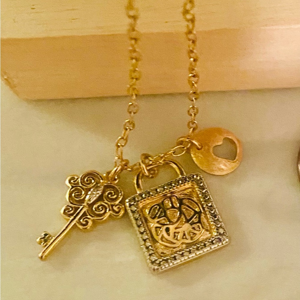 Gold Lock and Key Charm Necklace. Estate Jewelry Stamped PAJ BB